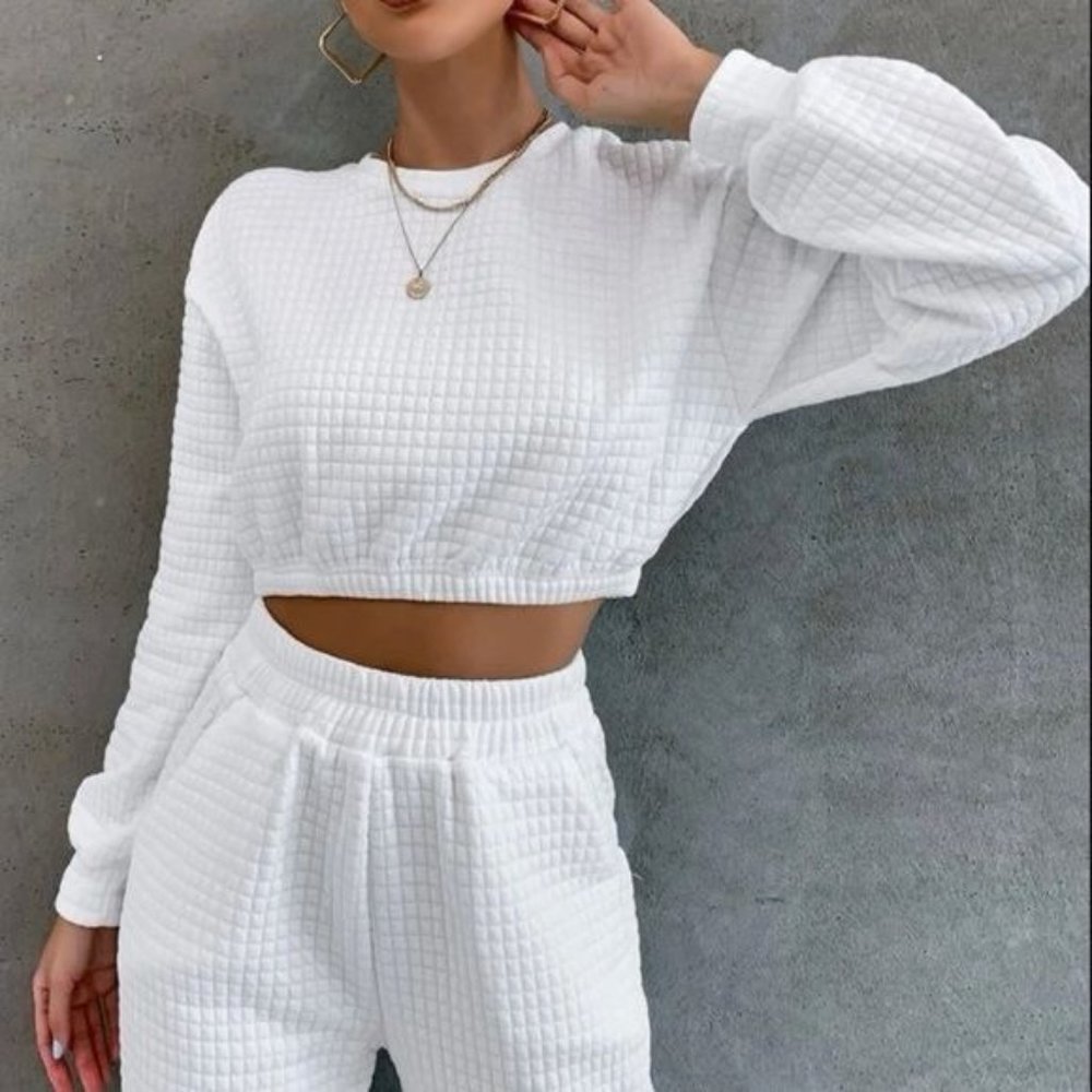 Casual Drop Shoulder Textured Crop Pullover Round Neck - Picture 3 of 5